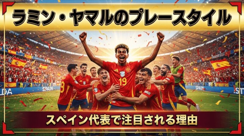 スペイン代表中央の若手選手を構図の中心に明確化し、両腕を突き上げて雄叫びするポーズ