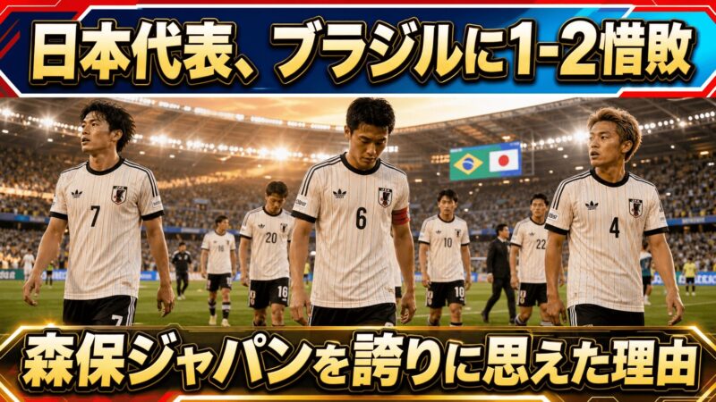 ブラジル戦1-2惜敗で項垂れる日本代表アウェイユニフォームを着た選手たちの画像