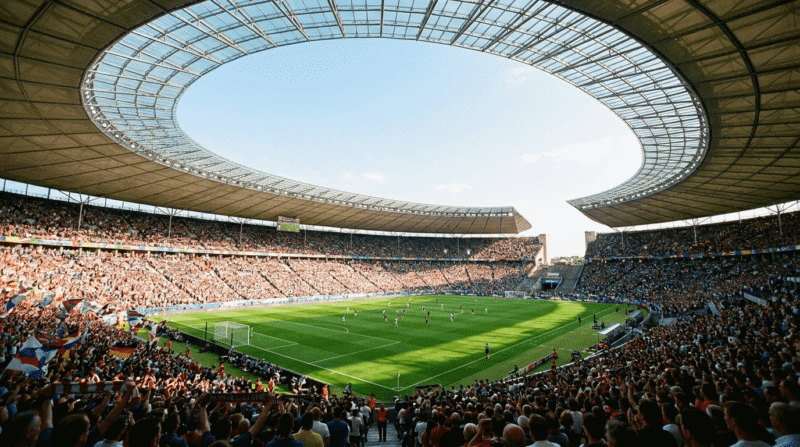 青空に包まれた欧州の巨大サッカースタジアムの全景