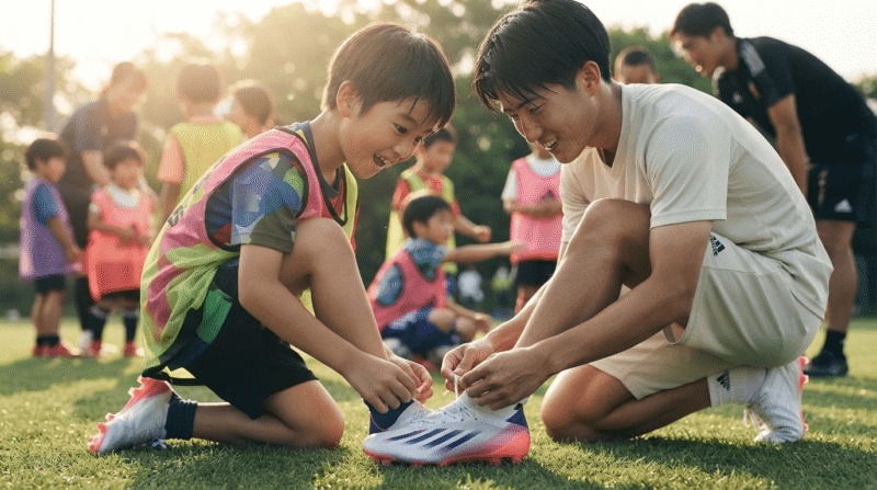 憧れのサッカー選手と一緒のスパイクを履いて笑顔になる子供の姿