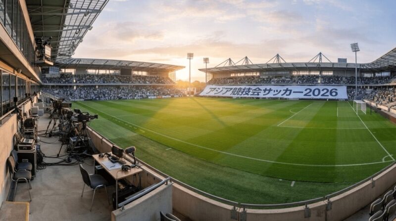早朝のスタジアム全景、スタンドにアジア競技会2026の横断幕