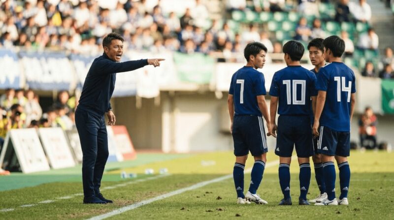 タッチラインから熱心に指示を出す監督と選手たち